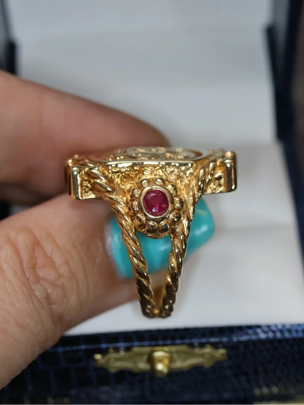 Gold Signet Ring with Red Ruby Accents. Hollow 14k gold